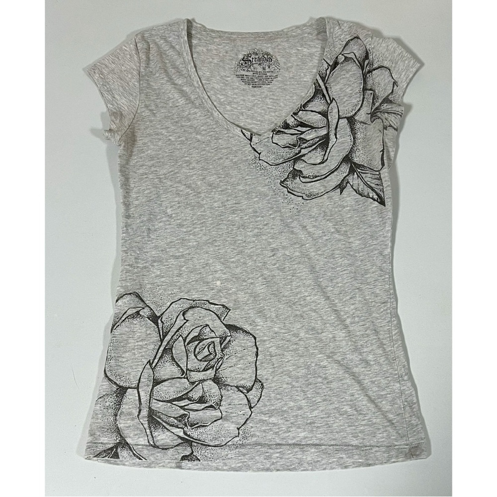 Stranded Gray Floral Graphic V-Neck Y2K Short Sleeve T-Shirt Top Tee Size M 🩶
